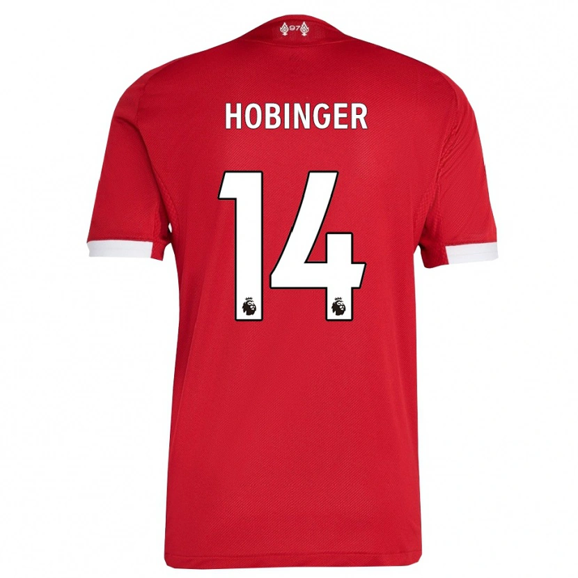 Danxen Niño Camiseta Marie Höbinger #14 Rojo Blanco 1ª Equipación 2025/26 La Camisa