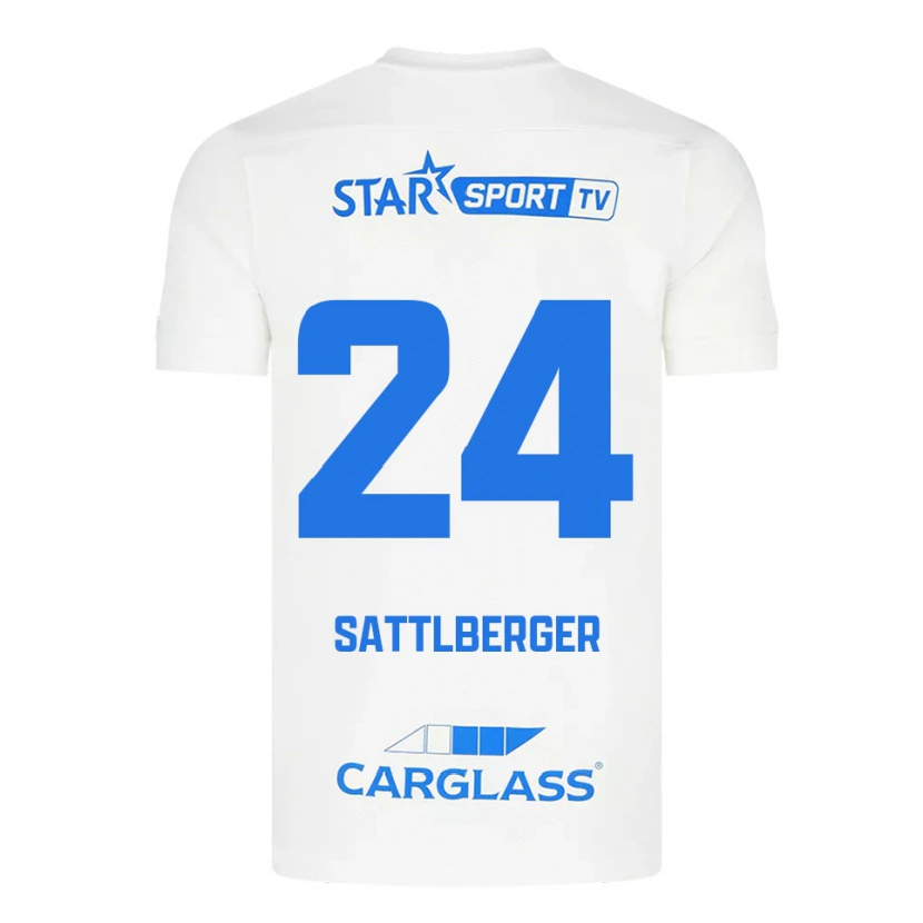 Danxen Niño Camiseta Nikolas Sattlberger #24 Blanco Azul 2ª Equipación 2025/26 La Camisa