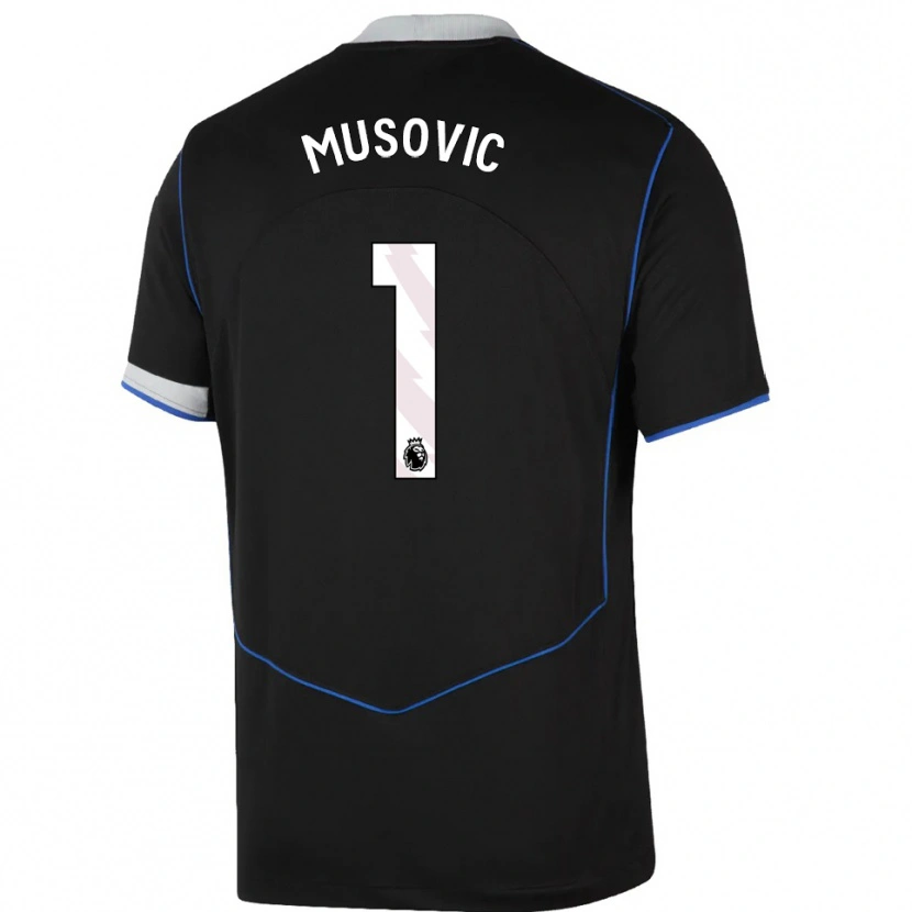 Danxen Niño Camiseta Zecira Musovic #1 Negro Azul Plata Equipación Tercera 2025/26 La Camisa