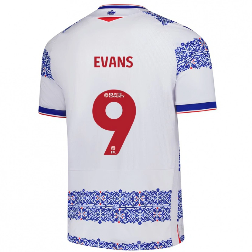Danxen Niño Camiseta Reece Evans #9 Blanco Azul 1ª Equipación 2025/26 La Camisa