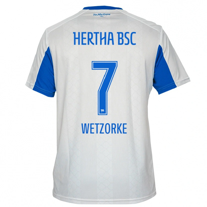 Danxen Niño Camiseta Leonie Wetzorke #7 Blanco Azul 2ª Equipación 2025/26 La Camisa