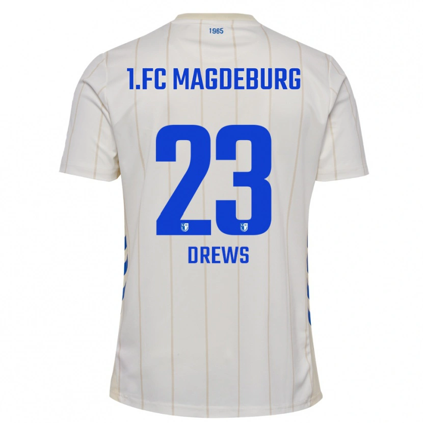 Danxen Niño Camiseta Adrian Drews #23 Blanco Azul 2ª Equipación 2025/26 La Camisa