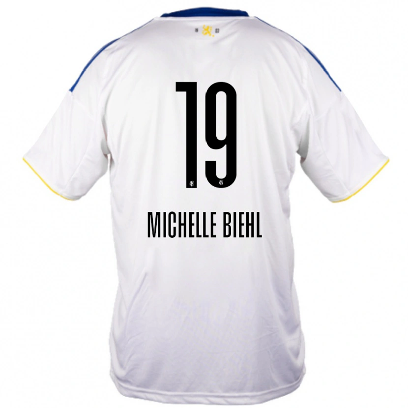 Danxen Niño Camiseta Leonie Michelle Biehl #19 Blanco Azul Amarillo 2ª Equipación 2025/26 La Camisa