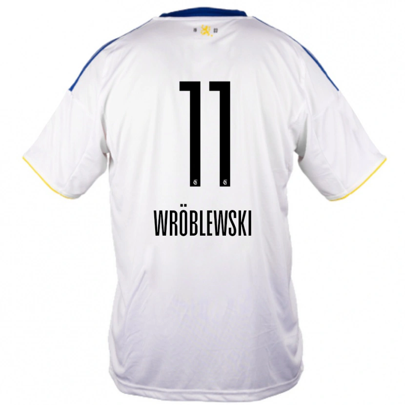 Danxen Niño Camiseta Lukas Wröblewski #11 Blanco Azul Amarillo 2ª Equipación 2025/26 La Camisa