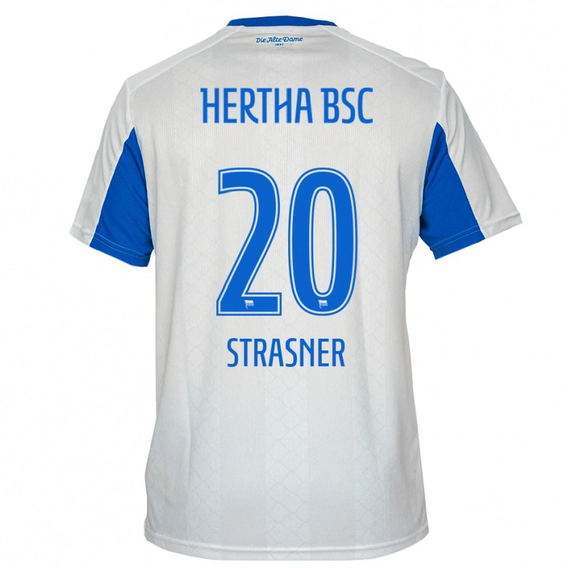 Danxen Mujer Camiseta Eliyas Strasner #20 Blanco Azul 2ª Equipación 2025/26 La Camisa