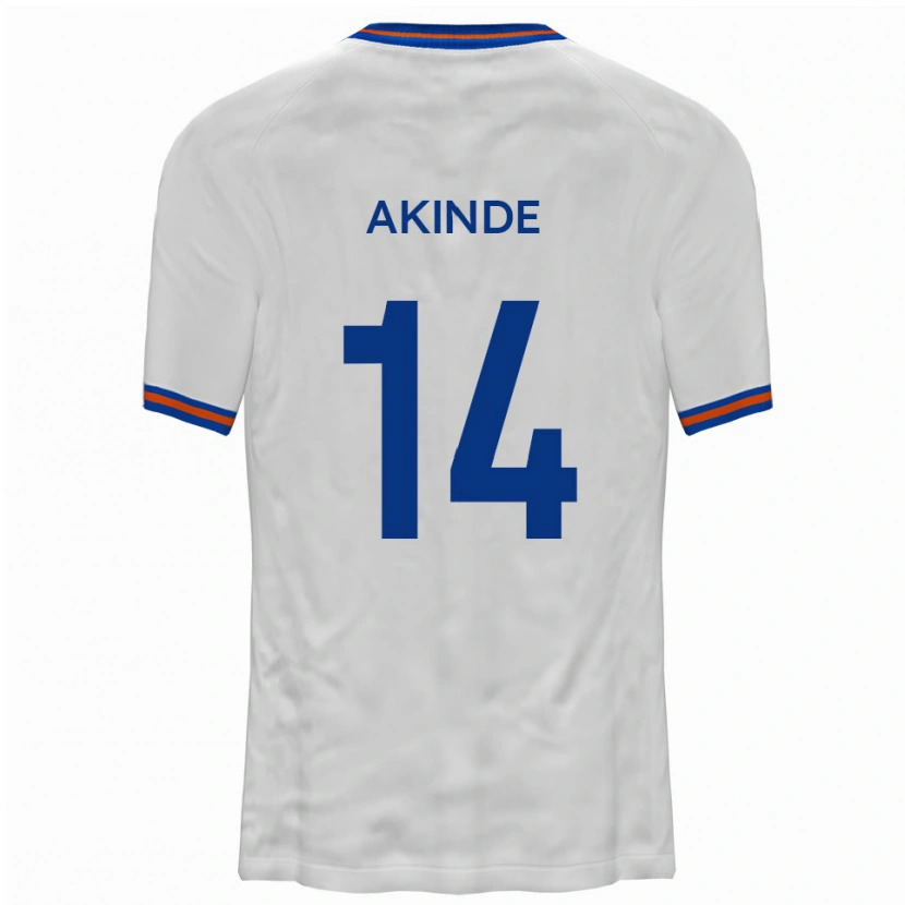 Danxen Niño Camiseta John Akinde #14 Blanco Azul 2ª Equipación 2025/26 La Camisa