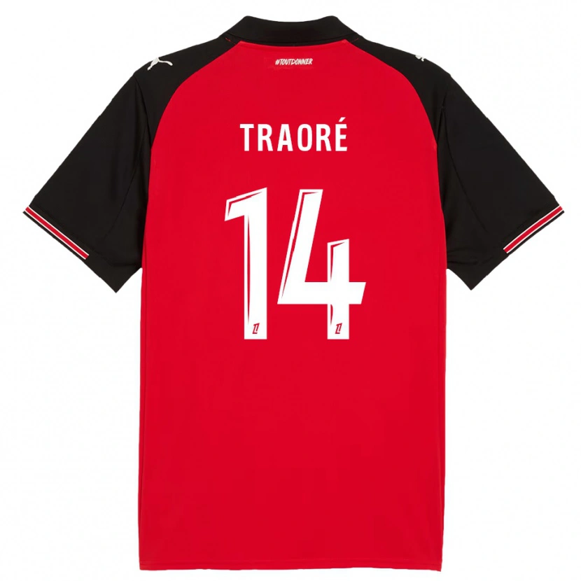 Danxen Niño Camiseta Erwan Traoré #14 Rojo Negro 1ª Equipación 2025/26 La Camisa