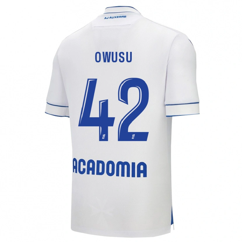 Danxen Niño Camiseta Elisha Owusu #42 Blanco Azul 1ª Equipación 2025/26 La Camisa
