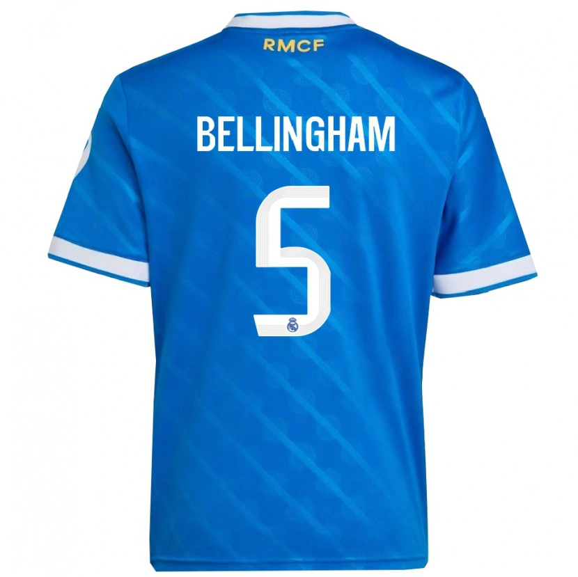 Danxen Niño Camiseta Jude Bellingham #5 Azul Blanco Equipación Tercera 2025/26 La Camisa