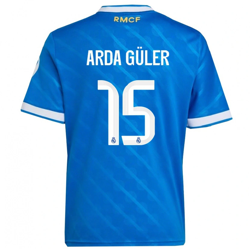 Danxen Niño Camiseta Arda Güler #15 Azul Blanco Equipación Tercera 2025/26 La Camisa