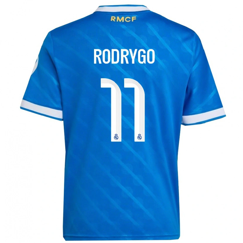 Danxen Niño Camiseta Rodrygo #11 Azul Blanco Equipación Tercera 2025/26 La Camisa
