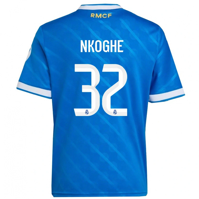 Danxen Niño Camiseta Ariel Nkoghe #32 Azul Blanco Equipación Tercera 2025/26 La Camisa