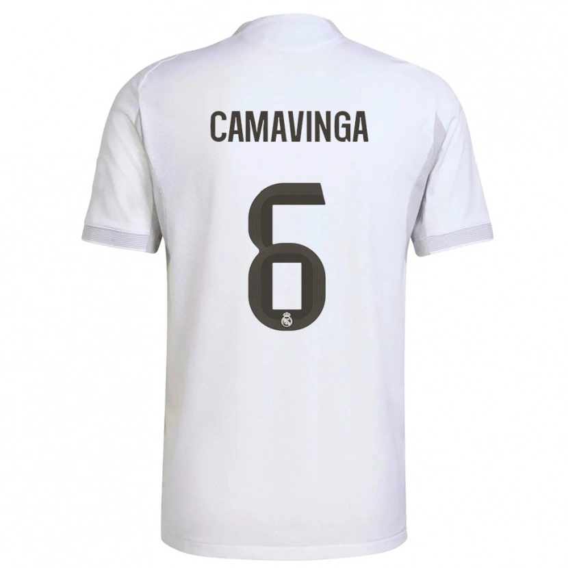 Danxen Hombre Camiseta Eduardo Camavinga #6 Blanco Amarillo 1ª Equipación 2025/26 La Camisa