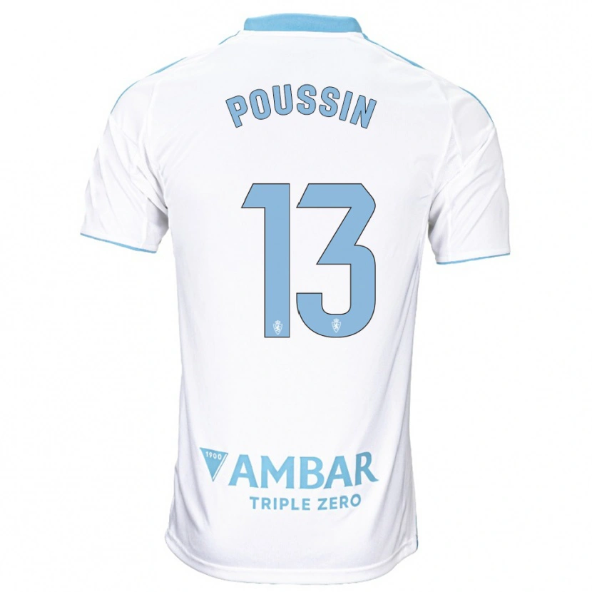Danxen Hombre Camiseta Gaëtan Poussin #13 Blanco Celeste 1ª Equipación 2025/26 La Camisa