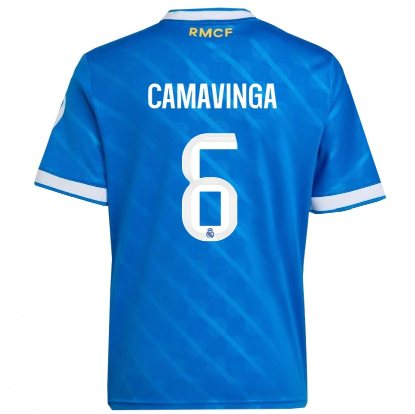 Danxen Hombre Camiseta Eduardo Camavinga #6 Azul Blanco Equipación Tercera 2025/26 La Camisa