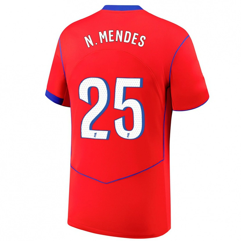 Danxen Hombre Camiseta Nuno Mendes #25 Rojo Azul Blanco Equipación Tercera 2025/26 La Camisa
