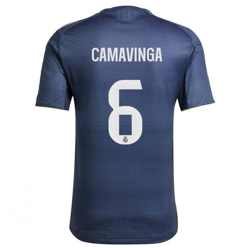Danxen Mujer Camiseta Eduardo Camavinga #6 Azul Marino Plata 2ª Equipación 2025/26 La Camisa