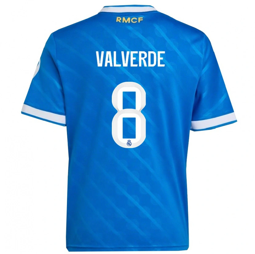 Danxen Mujer Camiseta Federico Valverde #8 Azul Blanco Equipación Tercera 2025/26 La Camisa