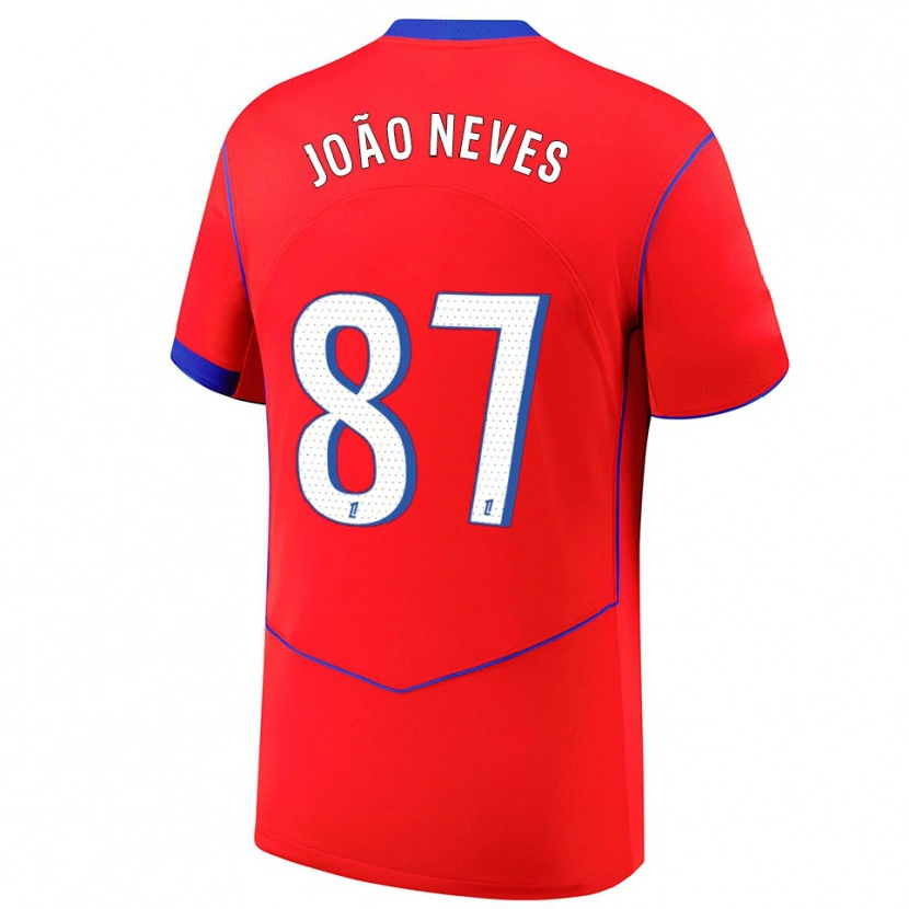 Danxen Mujer Camiseta João Neves #87 Rojo Azul Blanco Equipación Tercera 2025/26 La Camisa