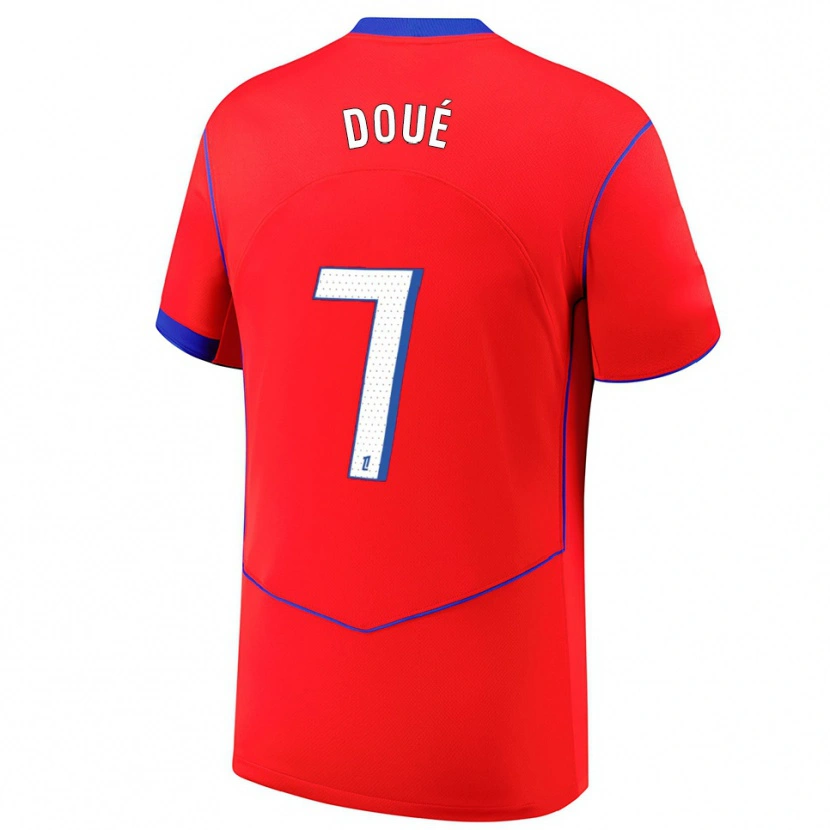 Danxen Mujer Camiseta Eddy Doué #7 Rojo Azul Blanco Equipación Tercera 2025/26 La Camisa