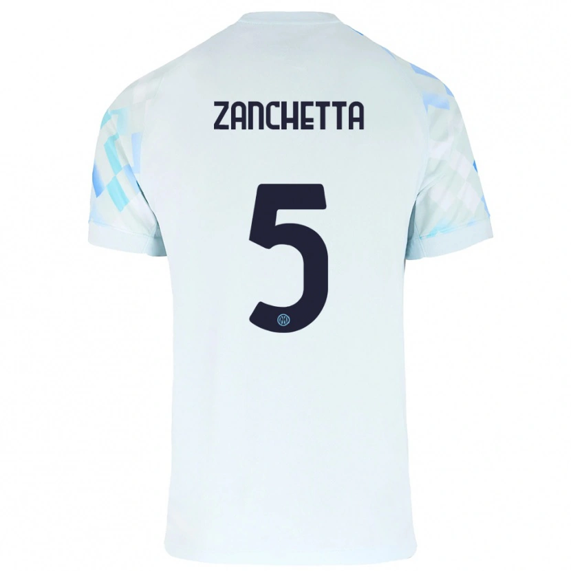 Danxen Niño Camiseta Mattia Zanchetta #5 Blanco Azul 2ª Equipación 2025/26 La Camisa