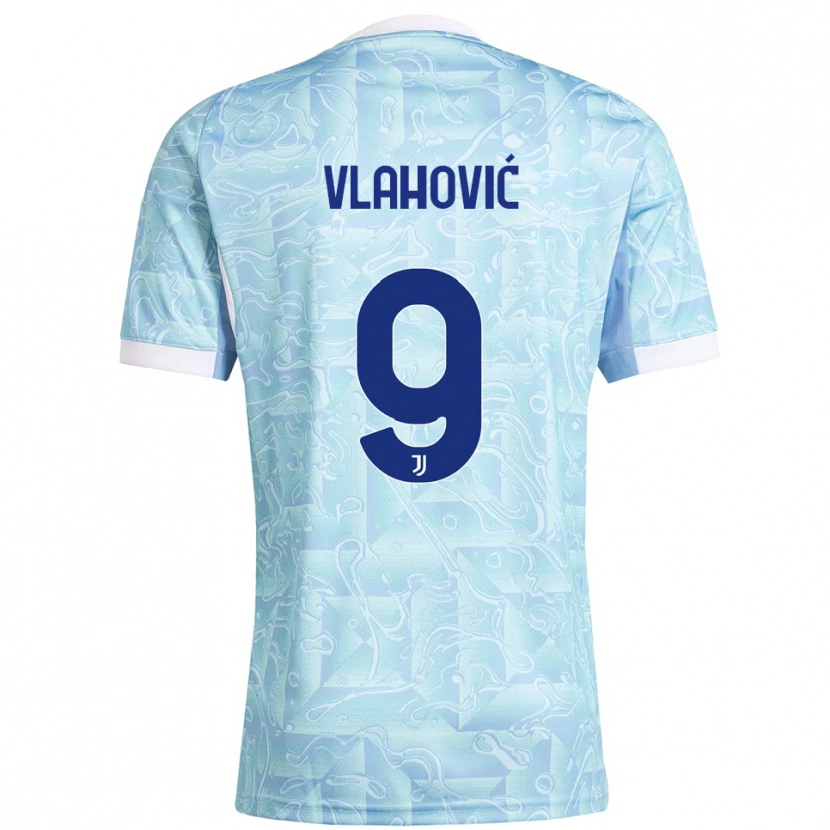 Danxen Niño Camiseta Dušan Vlahović #9 Azul Cielo Amarillo 2ª Equipación 2025/26 La Camisa