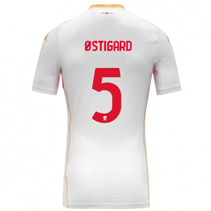 Danxen Hombre Camiseta Leo Østigård #5 Blanco Rojo 2ª Equipación 2025/26 La Camisa