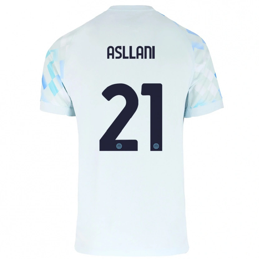 Danxen Mujer Camiseta Kristjan Asllani #21 Blanco Azul 2ª Equipación 2025/26 La Camisa