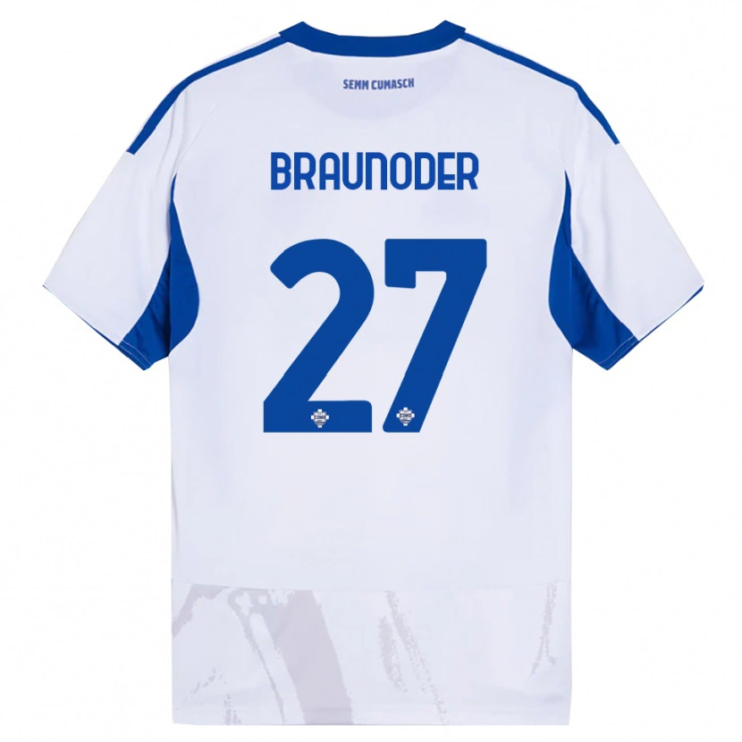 Danxen Mujer Camiseta Matthias Braunöder #27 Blanco Azul 2ª Equipación 2025/26 La Camisa