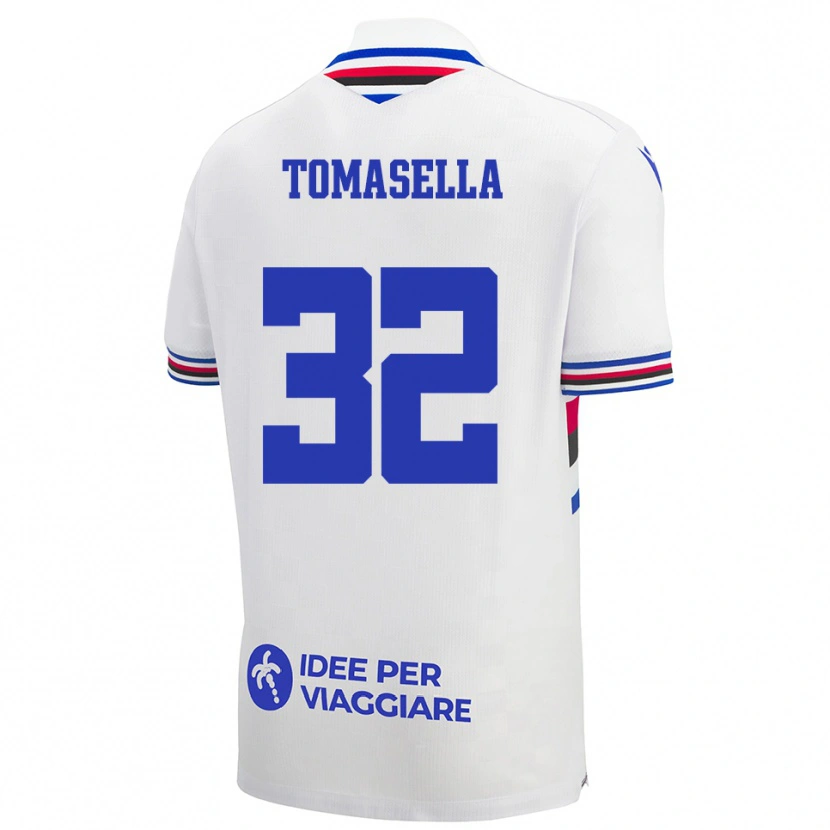 Danxen Niño Camiseta Mattia Tomasella #32 Blanco Azul Rojo 2ª Equipación 2025/26 La Camisa