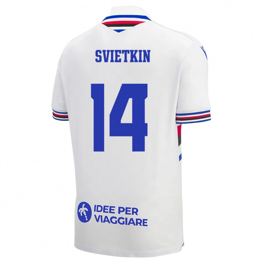 Danxen Niño Camiseta Tomas Svietkin #14 Blanco Azul Rojo 2ª Equipación 2025/26 La Camisa