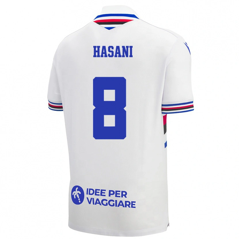 Danxen Hombre Camiseta Adam Hasani #8 Blanco Azul Rojo 2ª Equipación 2025/26 La Camisa