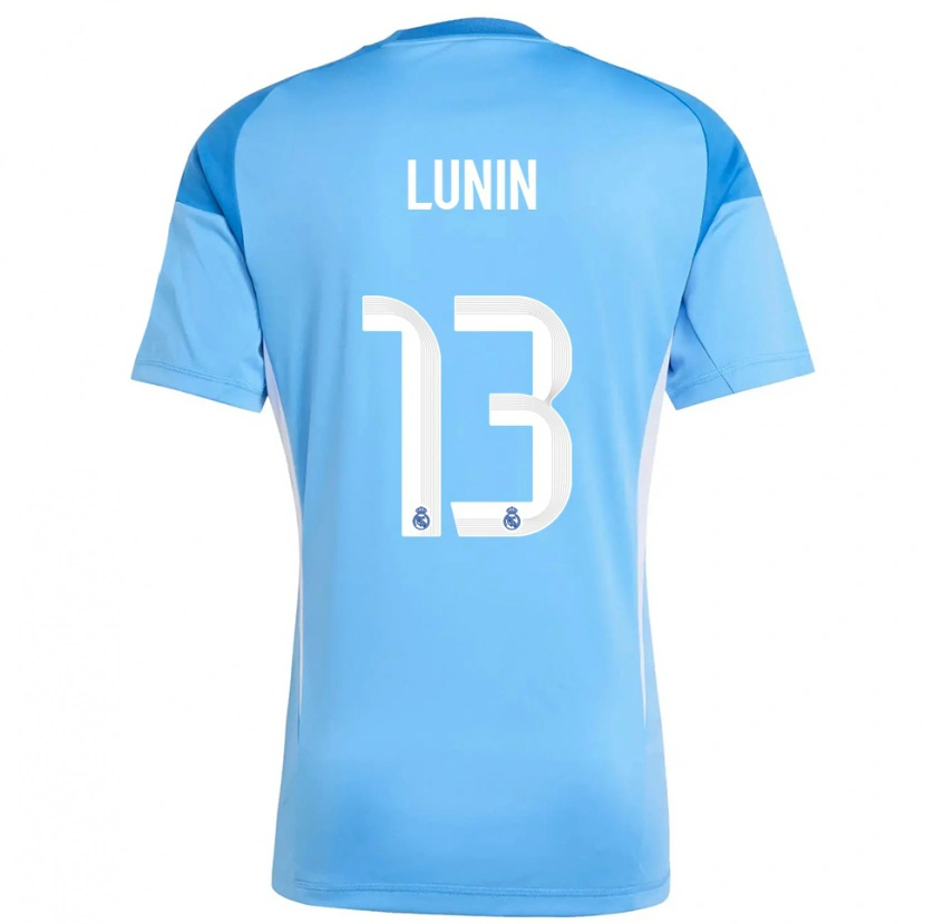 Danxen Mujer Camiseta Andriy Lunin #13 Azul Cielo Blanco Portero Equipación 2025/26 La Camisa