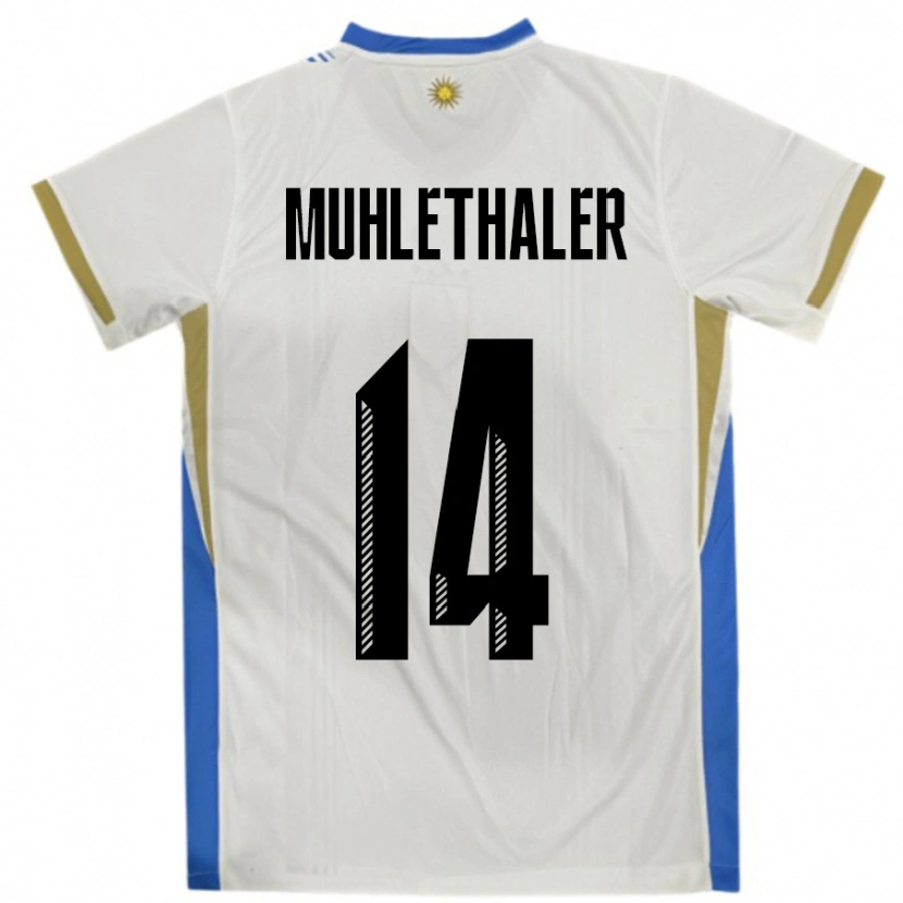 Danxen Niño Camiseta Uruguay Stiven Muhlethaler #14 Blanco Azul 2ª Equipación 24-26 La Camisa