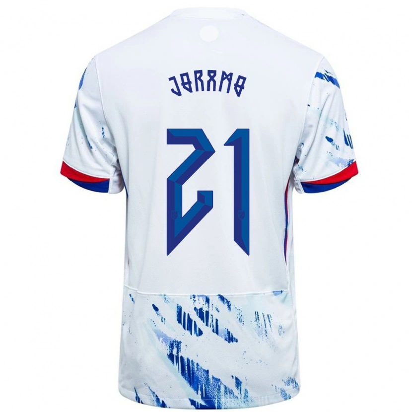 Danxen Niño Camiseta Noruega Emilie Joramo #21 Blanco Azul 2ª Equipación 24-26 La Camisa