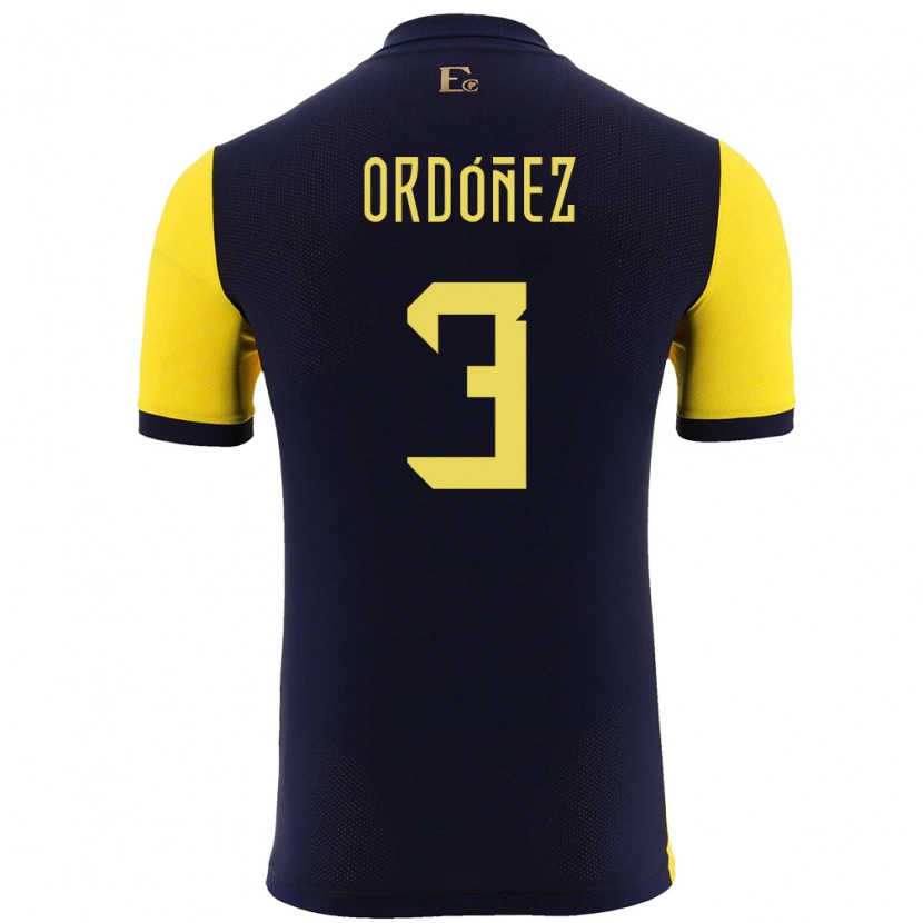 Danxen Hombre Camiseta Ecuador Deinner Ordóñez #3 Amarillo 1ª Equipación 24-26 La Camisa