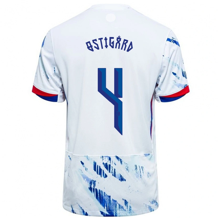 Danxen Hombre Camiseta Noruega Leo Østigård #4 Blanco Azul 2ª Equipación 24-26 La Camisa