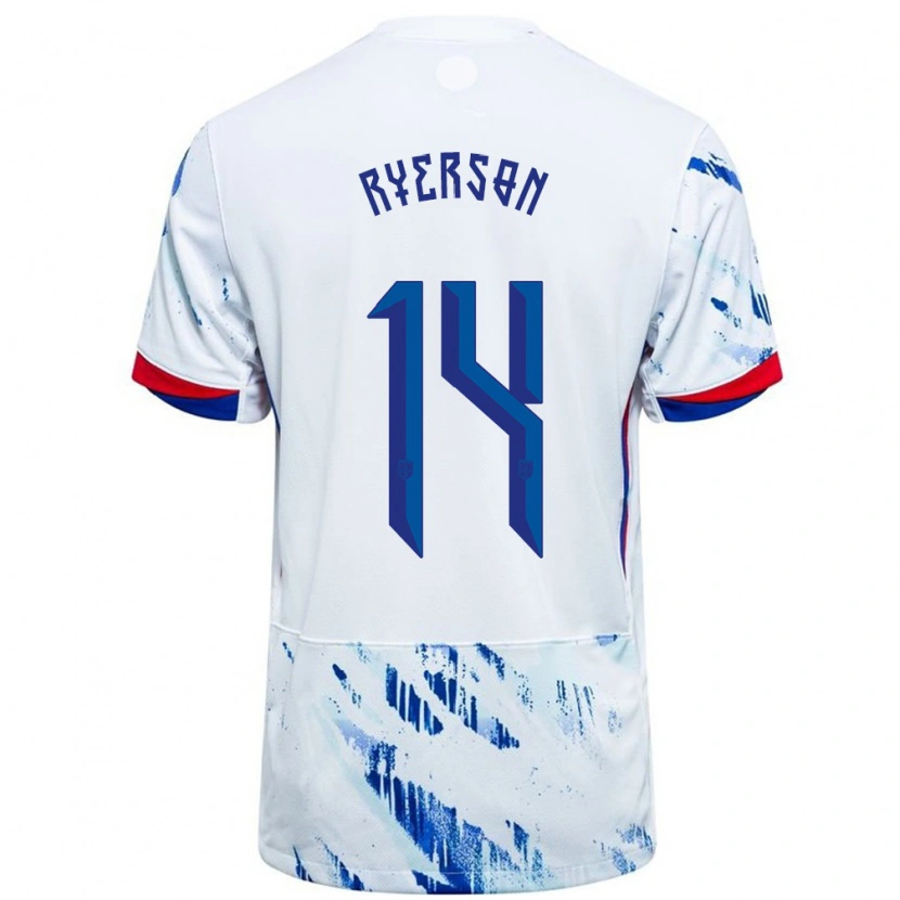 Danxen Hombre Camiseta Noruega Julian Ryerson #14 Blanco Azul 2ª Equipación 24-26 La Camisa