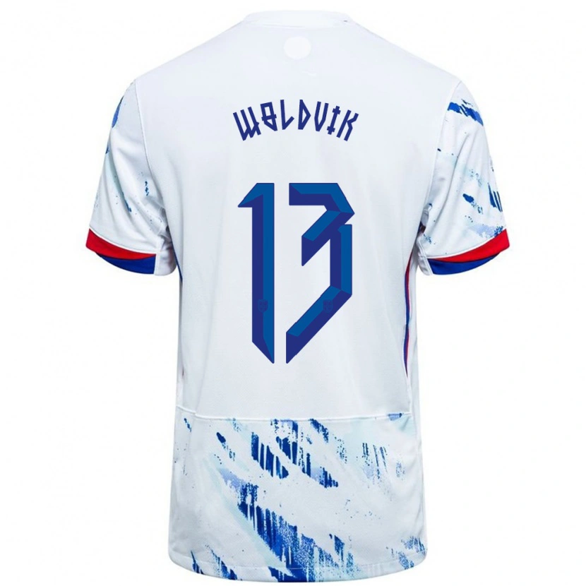 Danxen Hombre Camiseta Noruega Emilie Woldvik #13 Blanco Azul 2ª Equipación 24-26 La Camisa