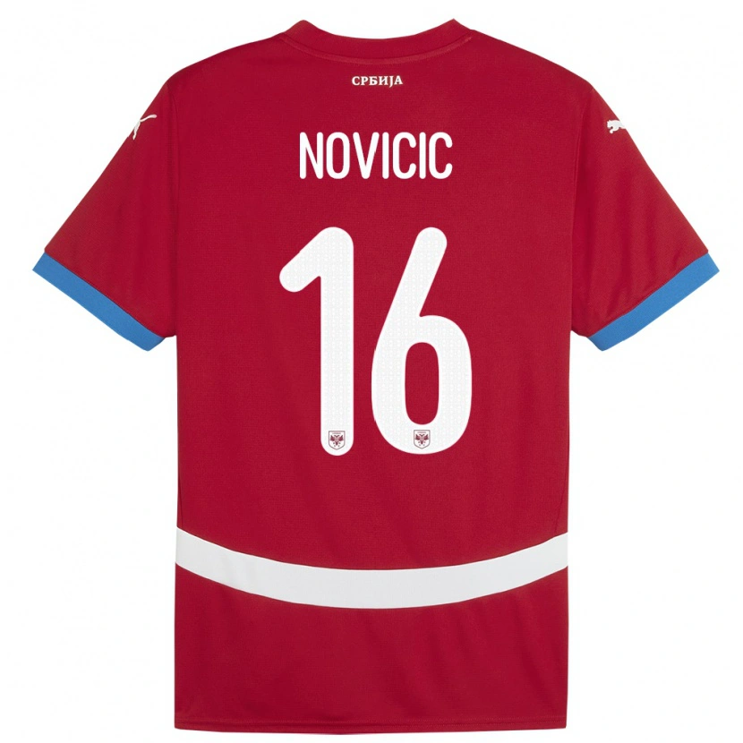 Danxen Mujer Camiseta Serbia Vasilije Novicic #16 Rojo 1ª Equipación 24-26 La Camisa