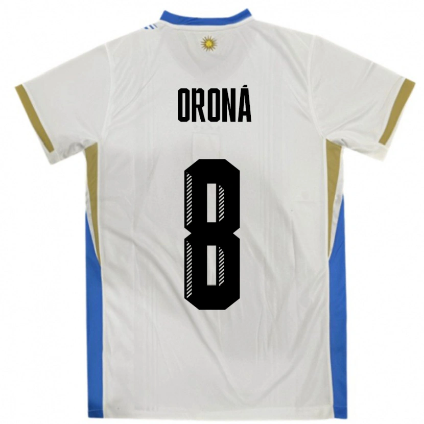 Danxen Mujer Camiseta Uruguay Marco Oroná #8 Blanco Azul 2ª Equipación 24-26 La Camisa