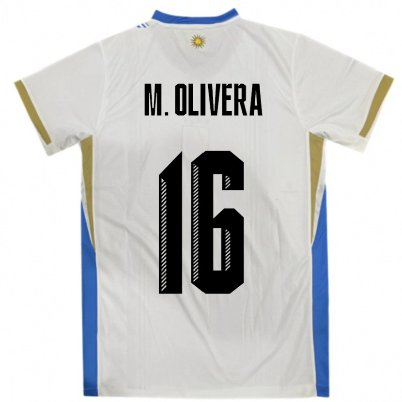 Danxen Mujer Camiseta Uruguay Mathias Olivera #16 Blanco Azul 2ª Equipación 24-26 La Camisa