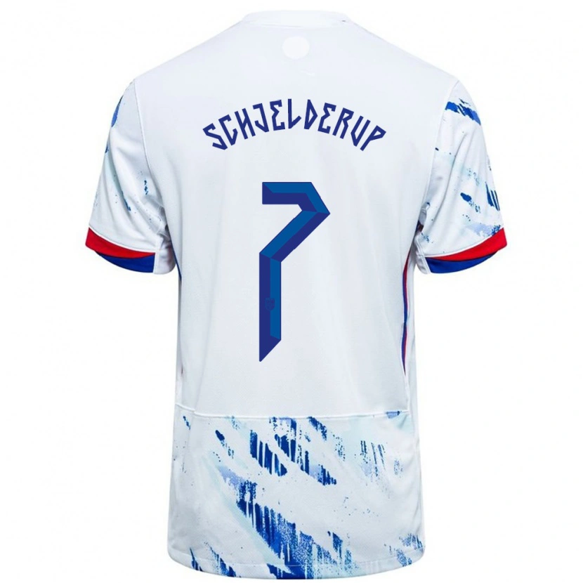 Danxen Mujer Camiseta Noruega Andreas Schjelderup #7 Blanco Azul 2ª Equipación 24-26 La Camisa