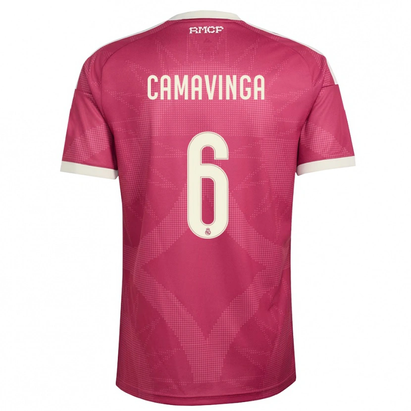 Danxen Niño Camiseta Eduardo Camavinga #6 Rojo Violeta Pálido Blanco Equipación Tercera 2026/27 La Camisa