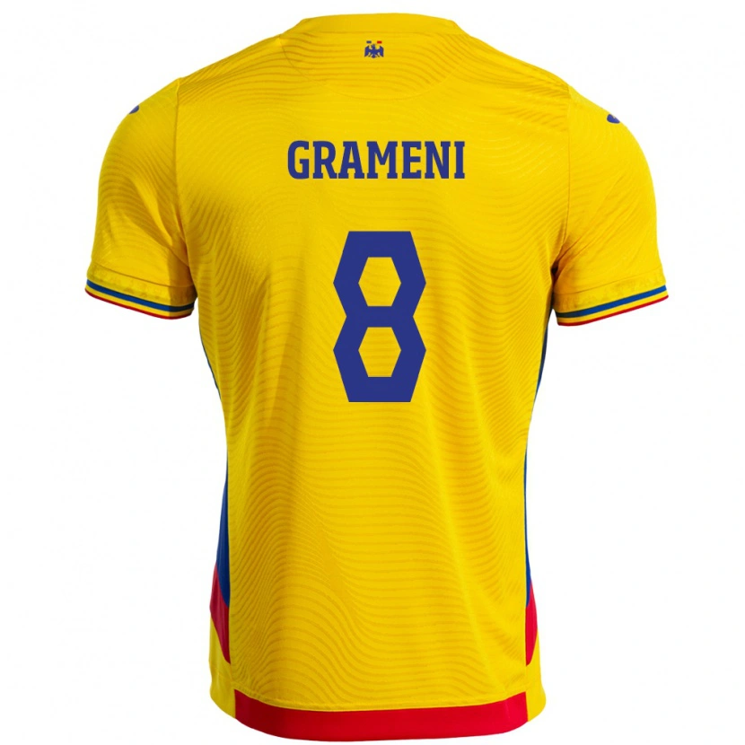 Danxen Mujer Camiseta Rumania Constantin Grameni #8 Amarillo 1ª Equipación 24-26 La Camisa