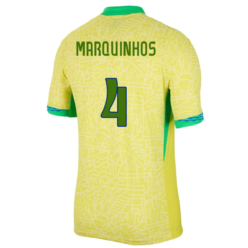 Danxen Hombre Camiseta Brasil Marquinhos #4 Amarillo 1ª Equipación 24-26 La Camisa