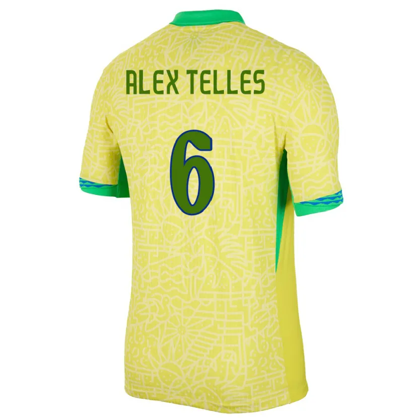 Danxen Hombre Camiseta Brasil Alex Telles #6 Amarillo 1ª Equipación 24-26 La Camisa