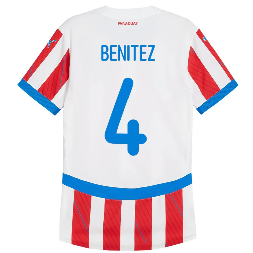 Danxen Hombre Camiseta Paraguay Gastón Benítez #4 Blanco Rojo 1ª Equipación 24-26 La Camisa