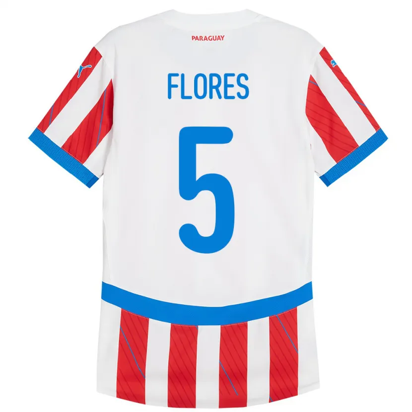 Danxen Hombre Camiseta Paraguay Gilberto Flores #5 Blanco Rojo 1ª Equipación 24-26 La Camisa