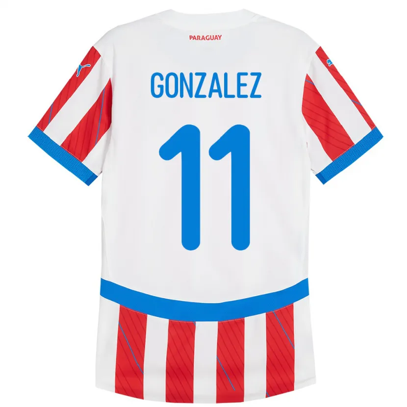 Danxen Hombre Camiseta Paraguay Enso González #11 Blanco Rojo 1ª Equipación 24-26 La Camisa